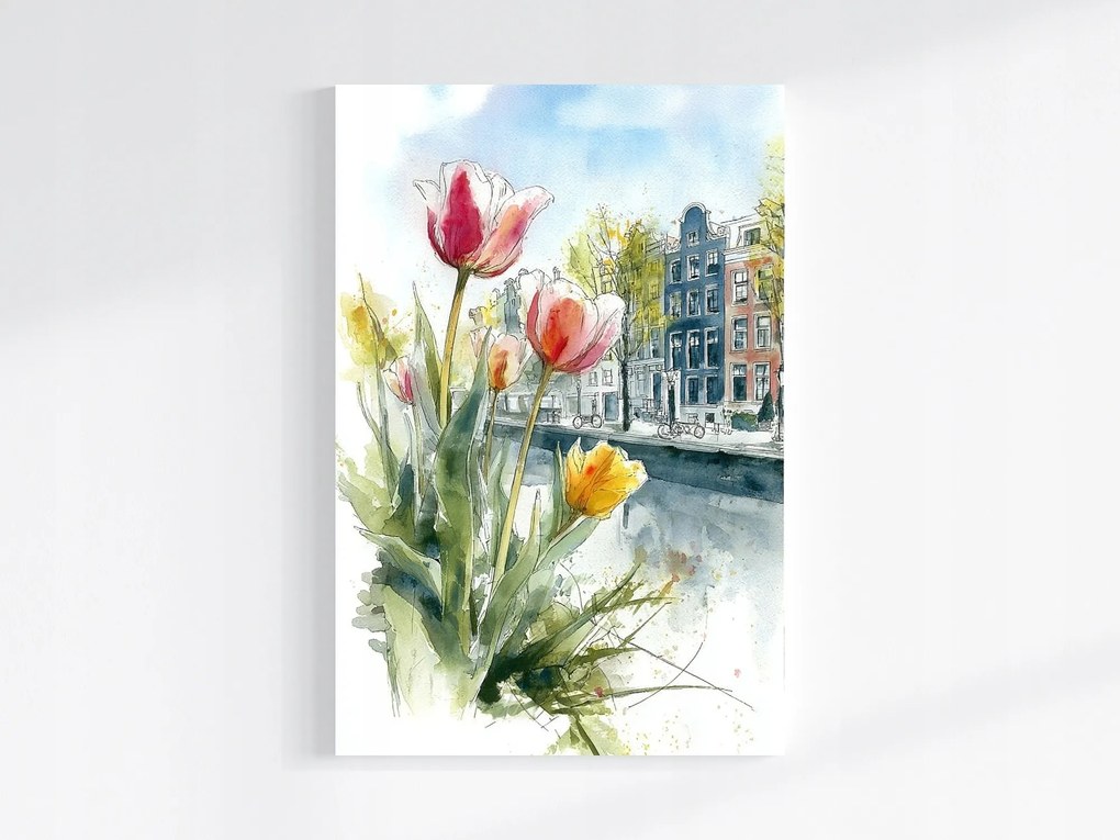 Vászonkép Canvas Grafika Város Amszterdam Hollandia Tulipánok 80x120