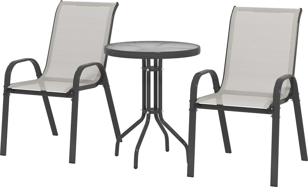 Outsunny 3 részes kerti ülőgarnitúra — 2 egymásra rakható fotel és kerek edzett üveg asztal, Textilene, teraszra, erkélyre, világosszürke | Aosom
