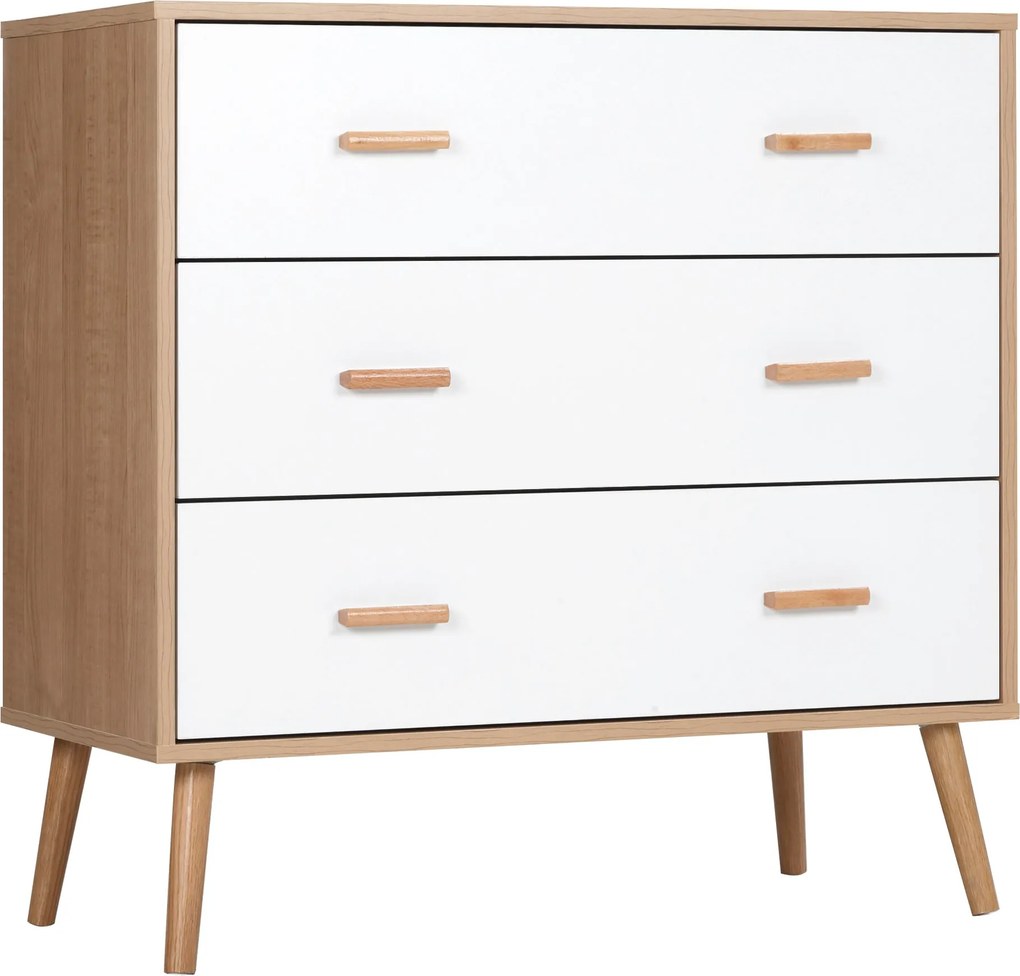 HOMCOM Fából készült Magas Fiókos Szekrény 3 Fiókkal Modern Tároló Szekrény Emelt Lábakkal Hálószobába vagy Nappaliba 80x39x80 cm Fehér és Természetes