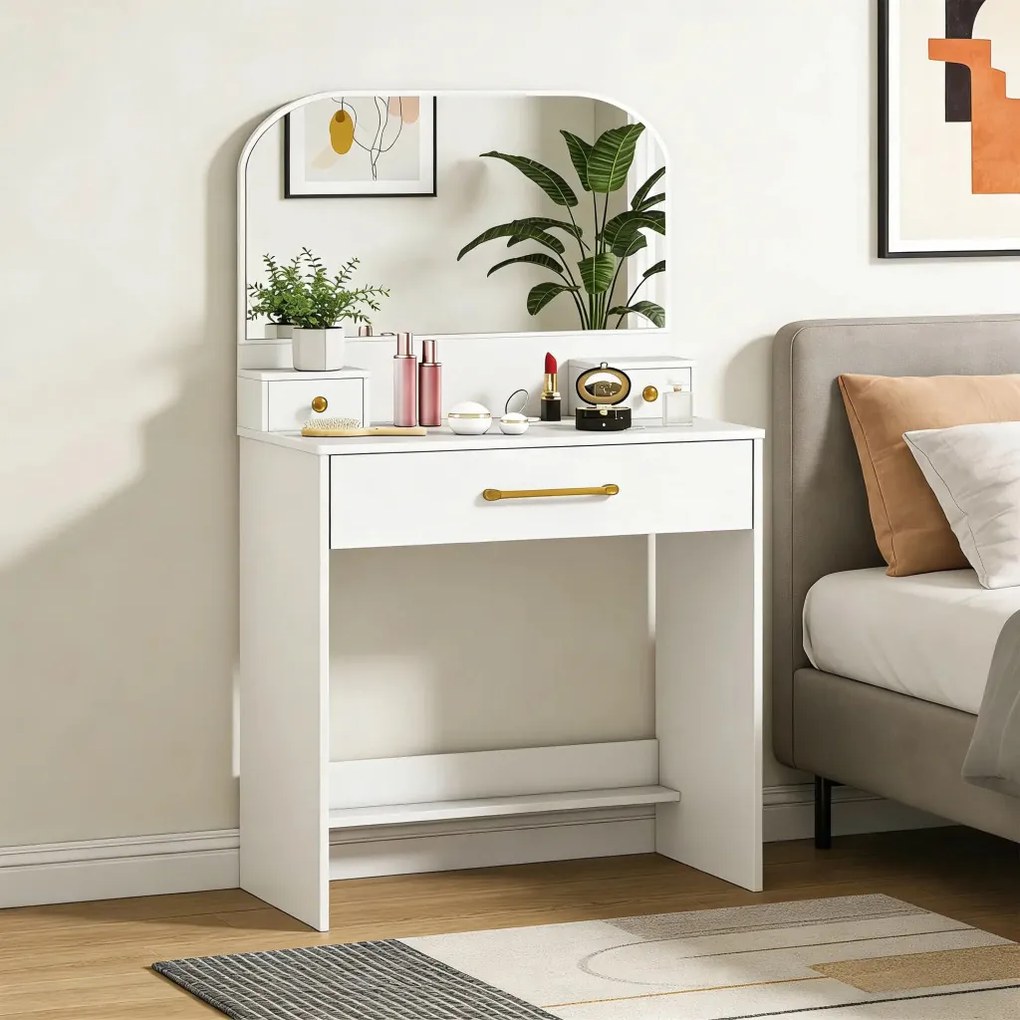 HOMCOM Fésülködőasztal tükörrel, kompakt fésülködőasztal 3 fiókkal, 80 x 40 x 135 cm, fehér