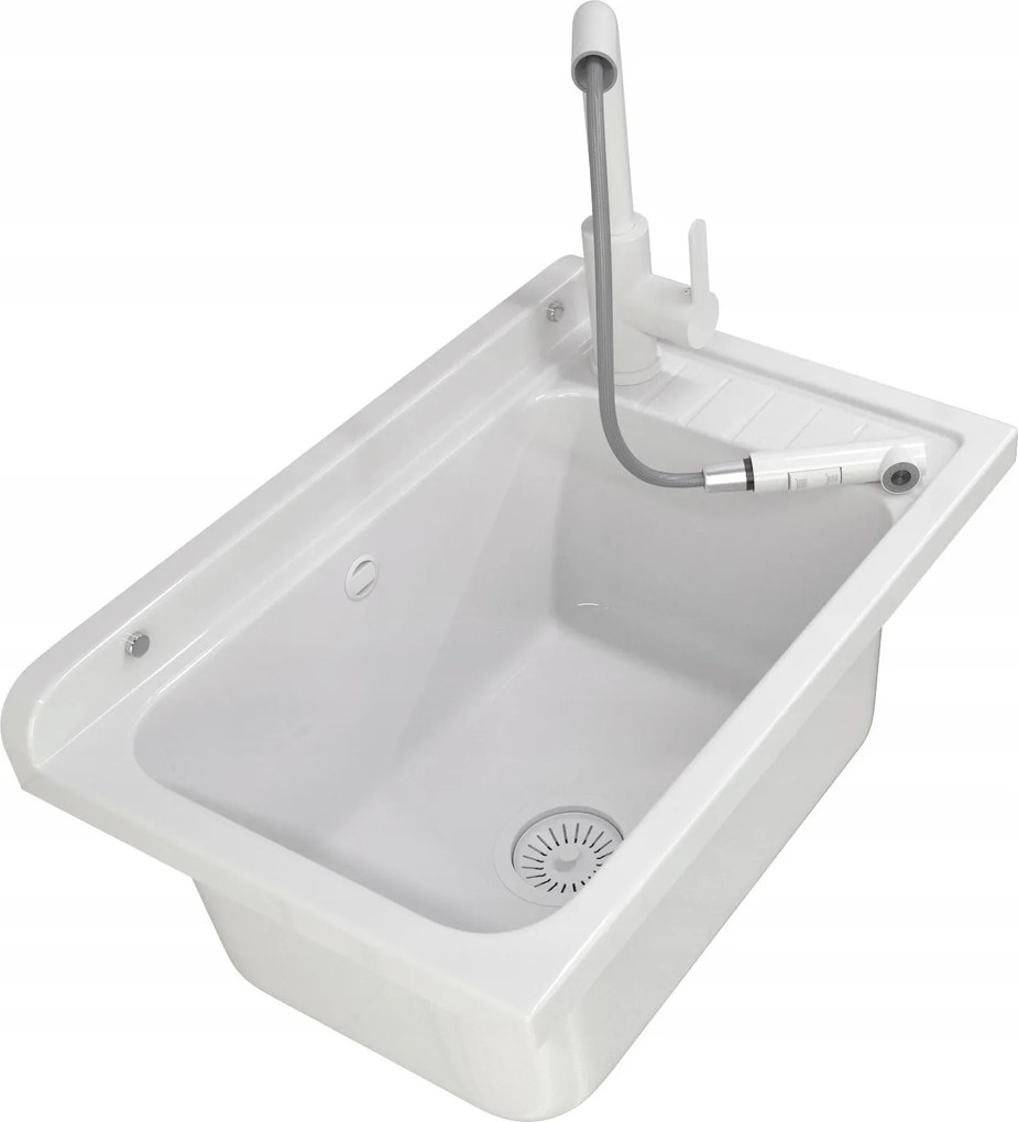 Háztartási Mosogató Kamra Fehér Csaptelep Kihúzható Kifolyócső Mosókonyha Garázs Monza