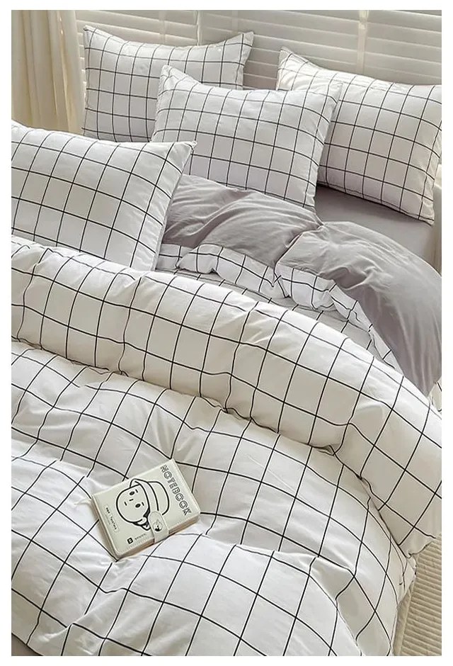Fehér-szürke egyszemélyes hosszabbított háromrészes renforcé pamut ágyneműhuzat lepedővel 160x220 cm Checkered – Mila Home