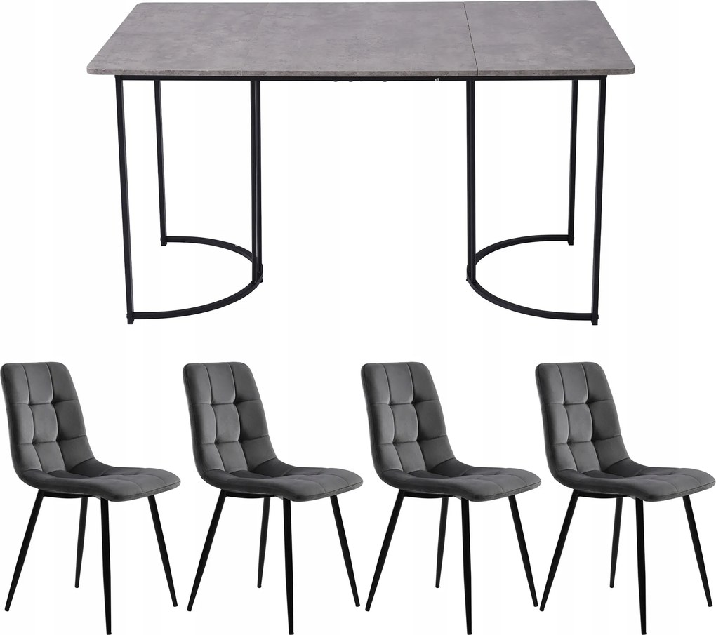 4 szék szürke bársony+étkezőasztal szürke és fekete, étkező szett