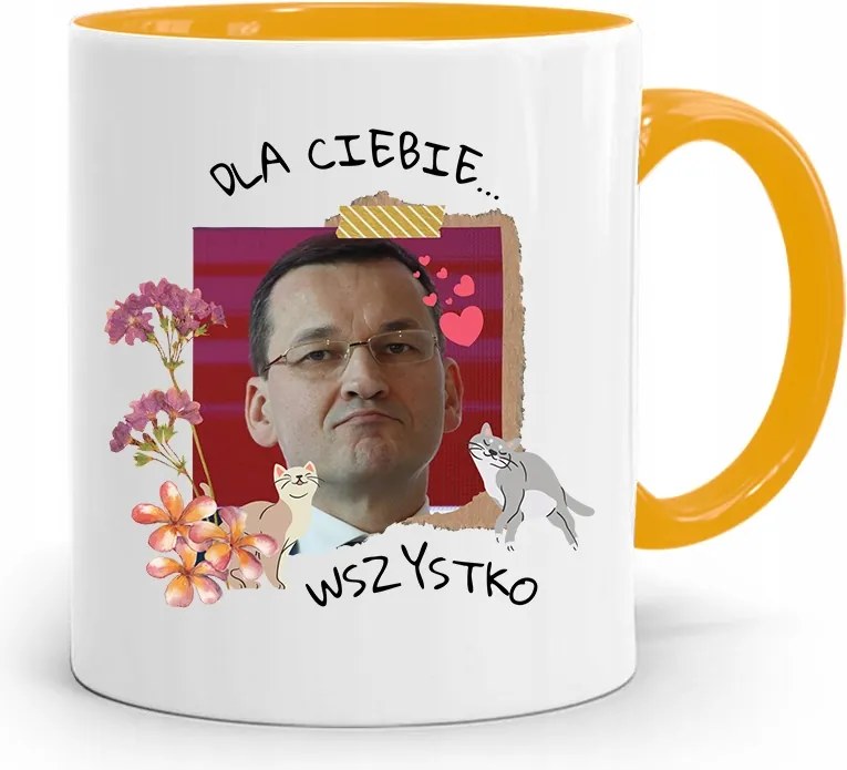 Sárga Politikus Bögre Mateusz Morawiecki Miniszterelnök fényképes nyomtatással