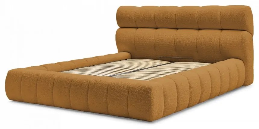 Mustársárga kárpitozott ágyneműtartós franciaágy ágyráccsal 160x200 cm Mont Blanc – Bobochic Paris