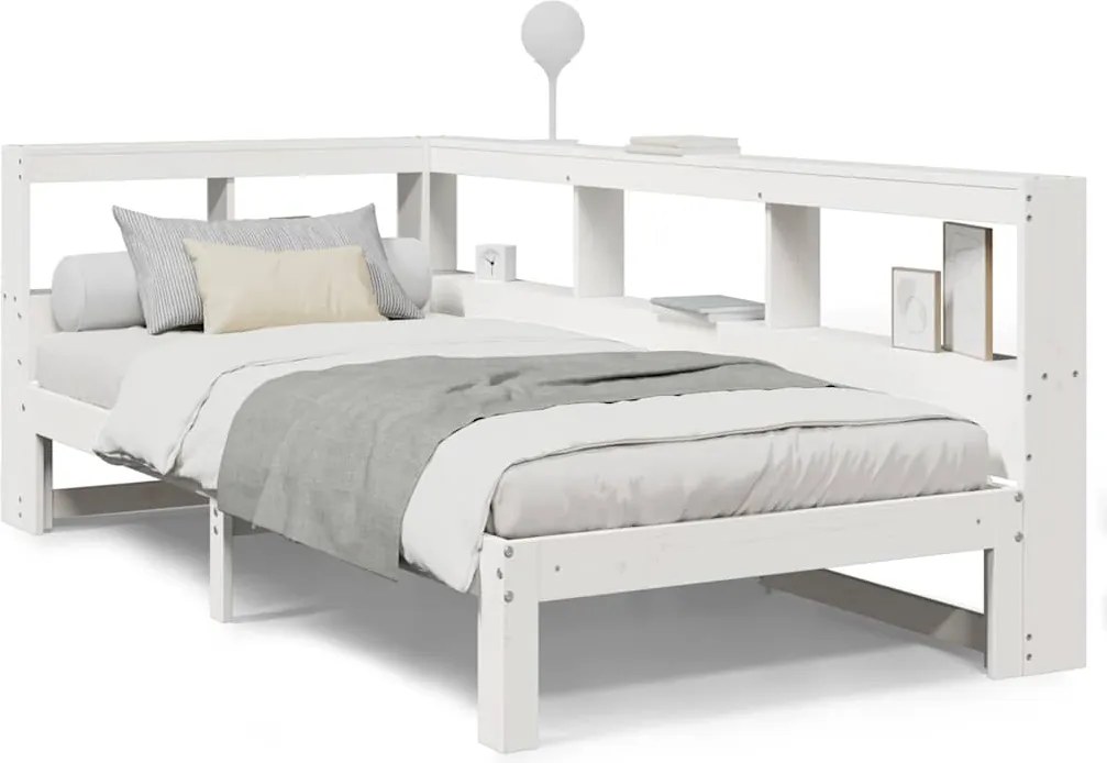 vidaXL fehér tömör fenyőfa könyvespolcos ágy matrac nélkül 75 x 190 cm