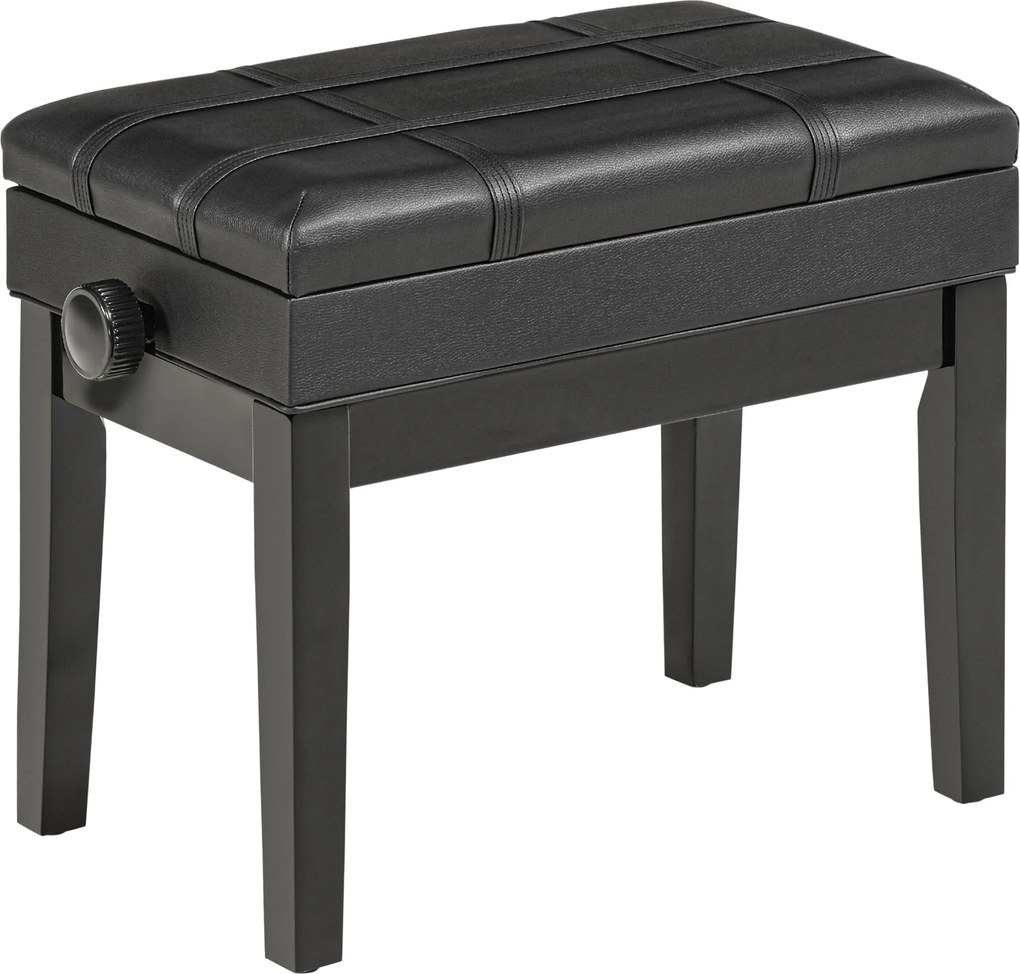 HOMCOM Pianószék Magasságban Állítható Pianószék Rejtett Tárolóval, Bőrhatású Üléssel, Fekete, 63 x 35 x 46-56 cm | Aosom