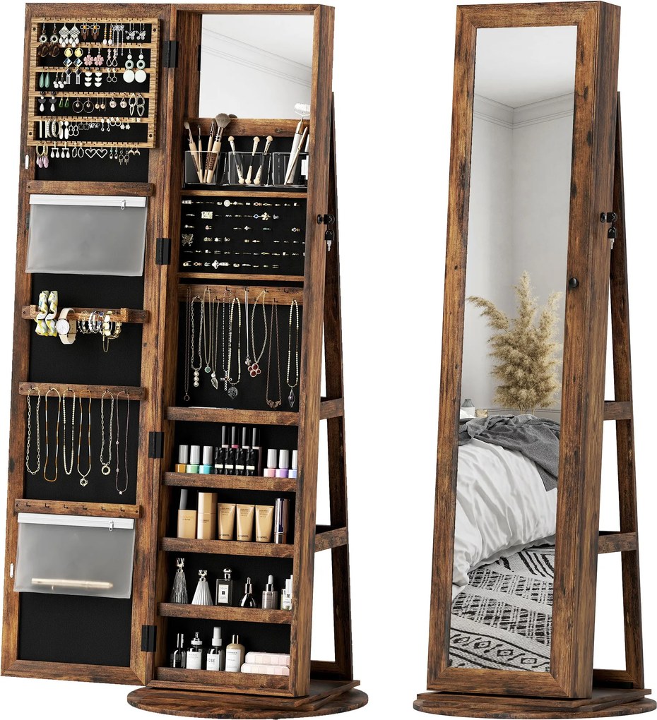HOMCOM 360°-os forgó ékszertartó szekrény, kulcsos ékszerdoboz, teljes hosszúságú tükör 3 hátsó polccal hálószobába és nappaliba, 55x55x161 cm, ruszti