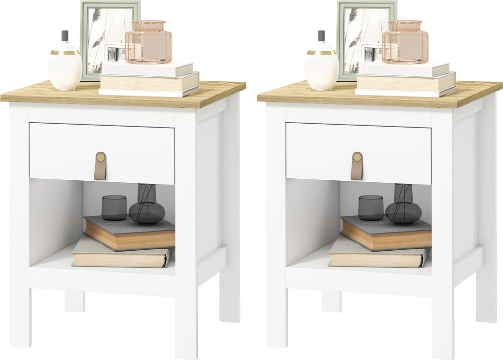 HOMCOM 2 db Éjjeliszekrény, Fiókkal és Nyitott Rekesszel, Modern Stílus, 45 x 40 x 55 cm, Fehér | Aosom