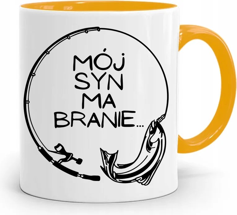 Sárga Bögre Ajándék Fiamnak A Fiamnak Van Egy Kapása, fényképes nyomtatással
