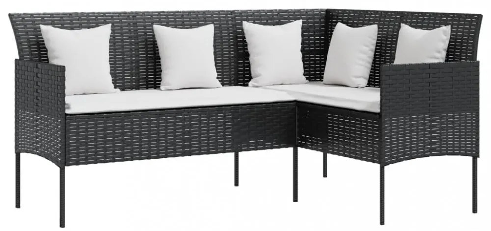 5 személyes fekete polyrattan L-alakú kanapészett párnákkal
