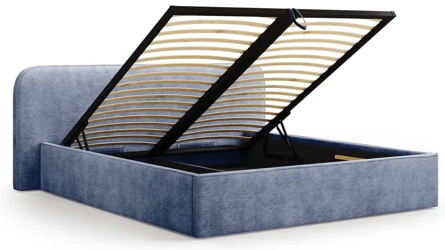 Sötétkék kárpitozott ágyneműtartós franciaágy ágyráccsal 180x200 cm Elizabeth – Micadoni