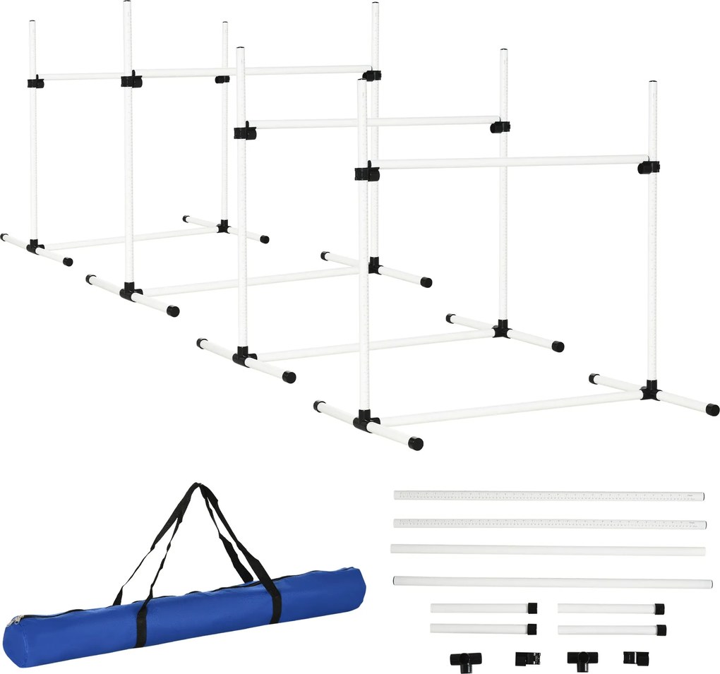PawHut Agility Készlet Kutyák Számára - 4 darabos Agility Berendezés Kutyaképzéshez, Steeplechase Készlet 4 állítható magasságú akadállyal, Hordtáska,
