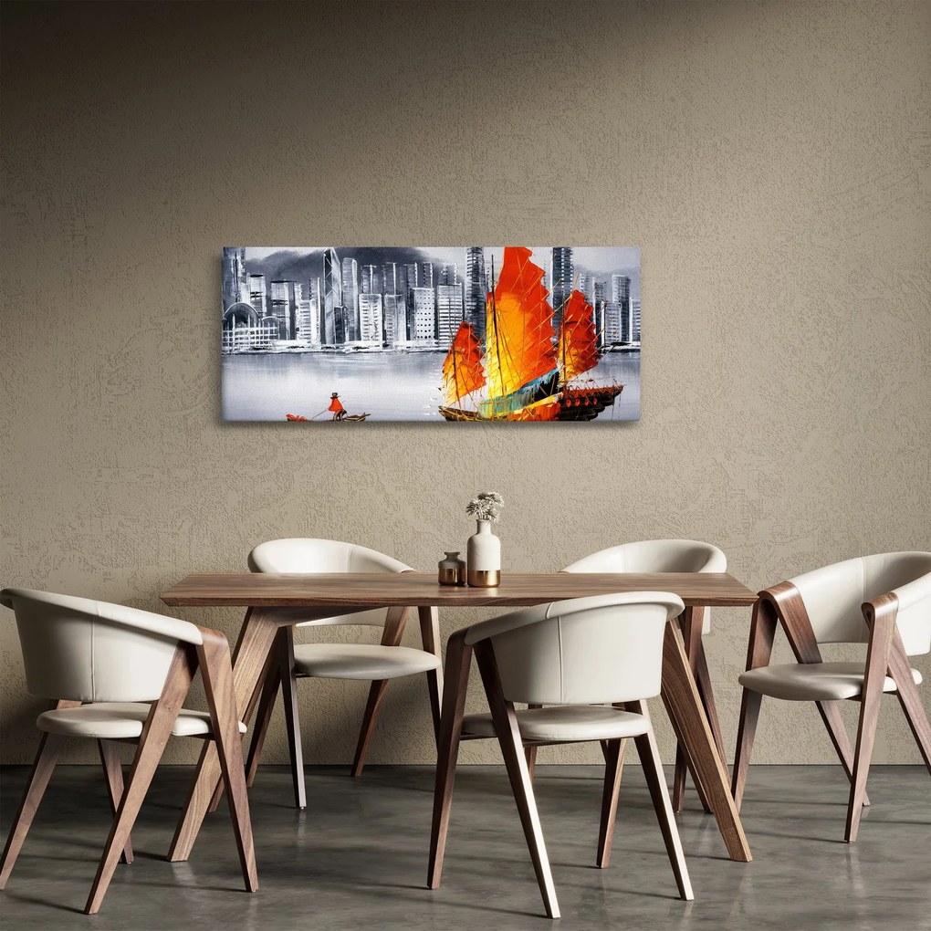 Festmény - Victoria Harbour, Hong Kong, fekete-fehér olajfestmény (120x50 cm)