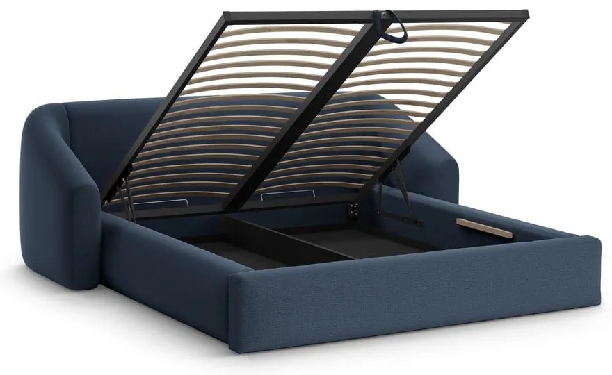 Sötétkék kárpitozott ágyneműtartós franciaágy ágyráccsal 200x200 cm Campi – Cosmopolitan Design