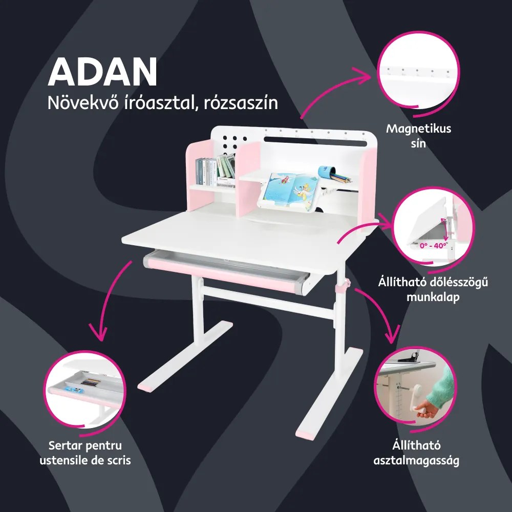 Növekvő íróasztal, rózsaszín/fehér, ADAN