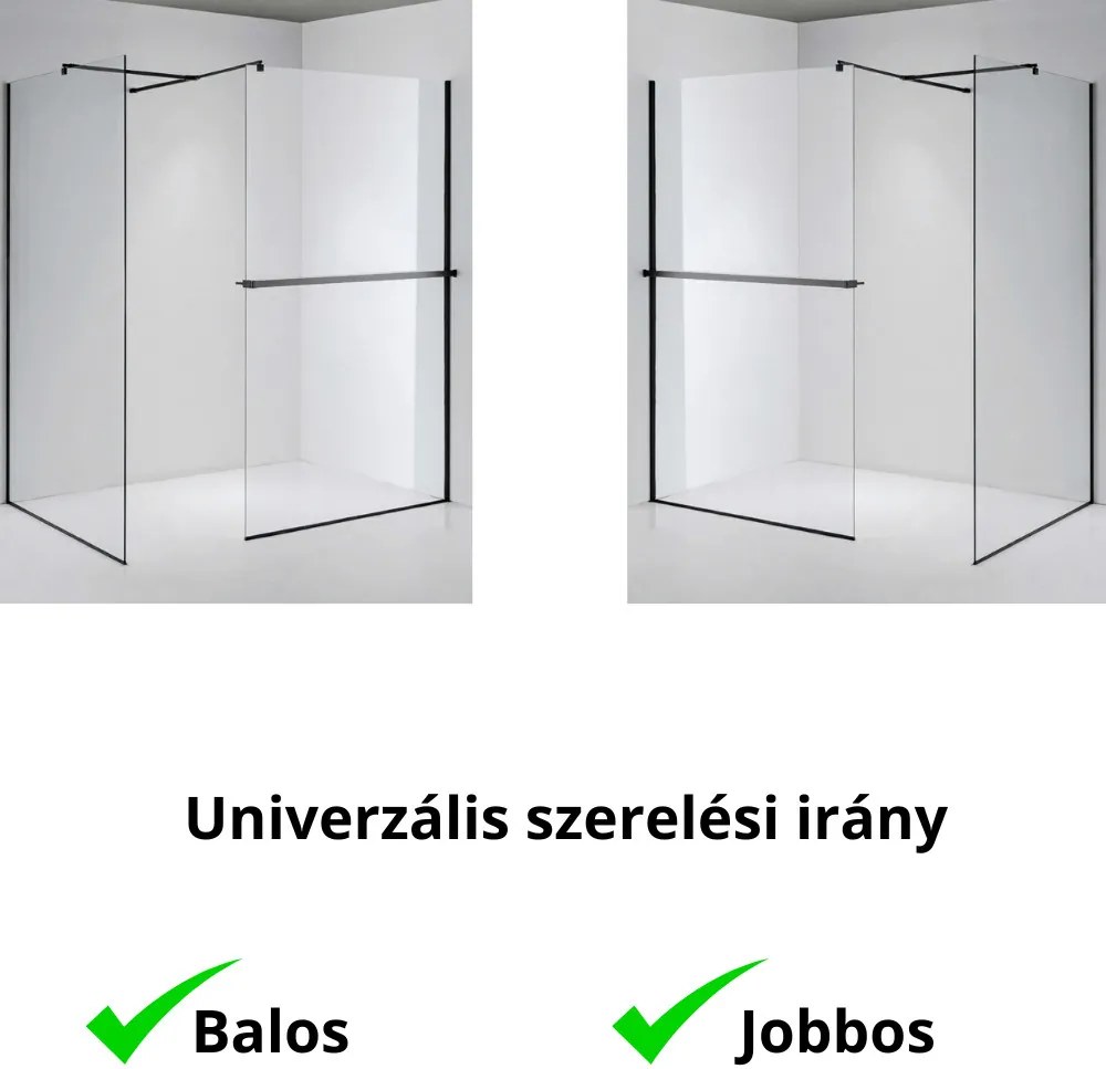 Stuxi Milano Kombi Plus 1 Black Walk-in zuhanyfal, 70x110 cm, 8 mm vastag vízlepergető biztonsági üveggel, polccal és törölközőtartóval