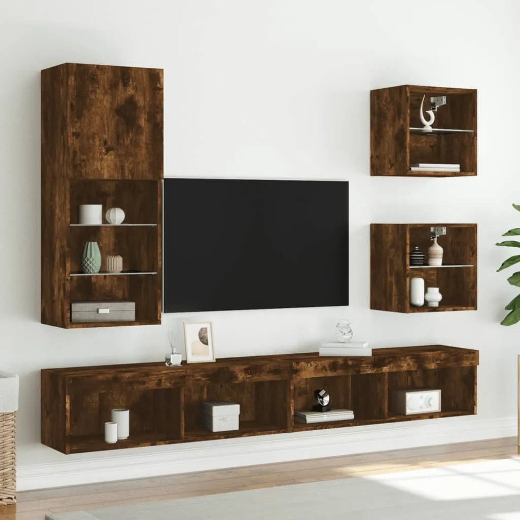 füstös tölgy színű TV-szekrény LED lámpákkal 40,5 x 30 x 102 cm