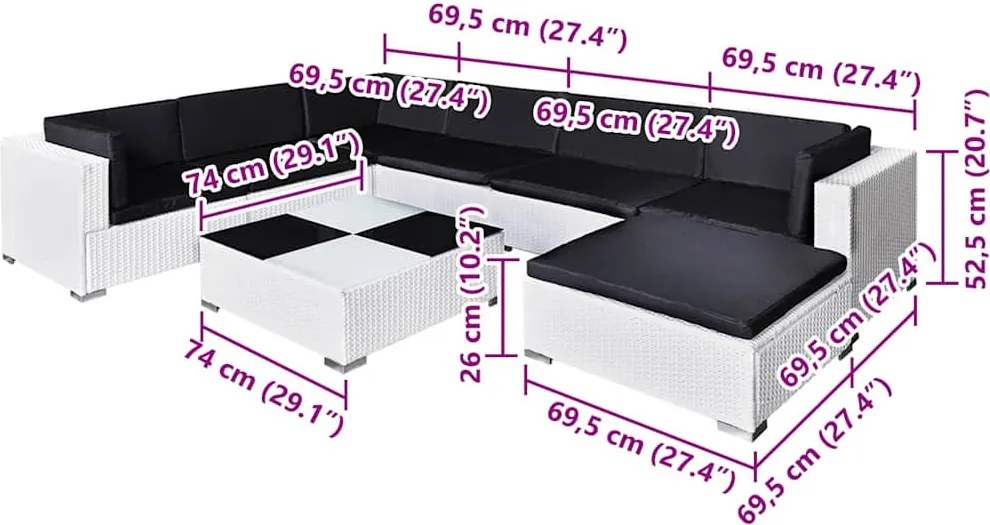 8-részes fehér polyrattan kerti bútorszett párnákkal
