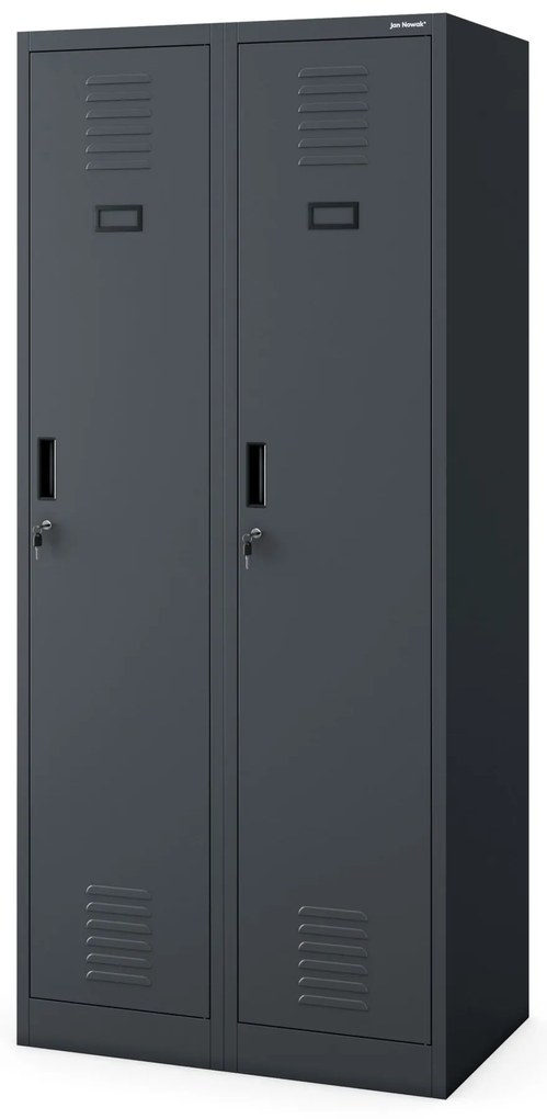 Pléh öltözőszekrény talpazaton, kétmodulos, polccal és köztes fallal KACPER, 800 x 1800 x 500 mm, antracit