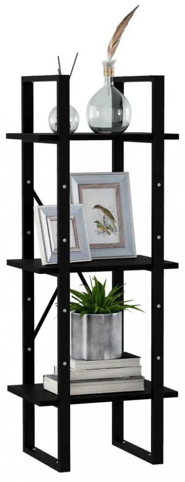 3-szintes fekete tömör fenyőfa könyvszekrény 40 x 30 x 105 cm