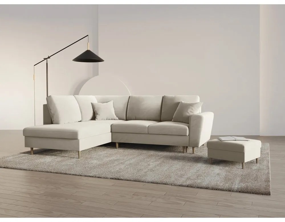 Bézs bársony kinyitható tárolóhelyes sarokkanapé (bal oldali-L alakú) Kyoto – Cosmopolitan Design