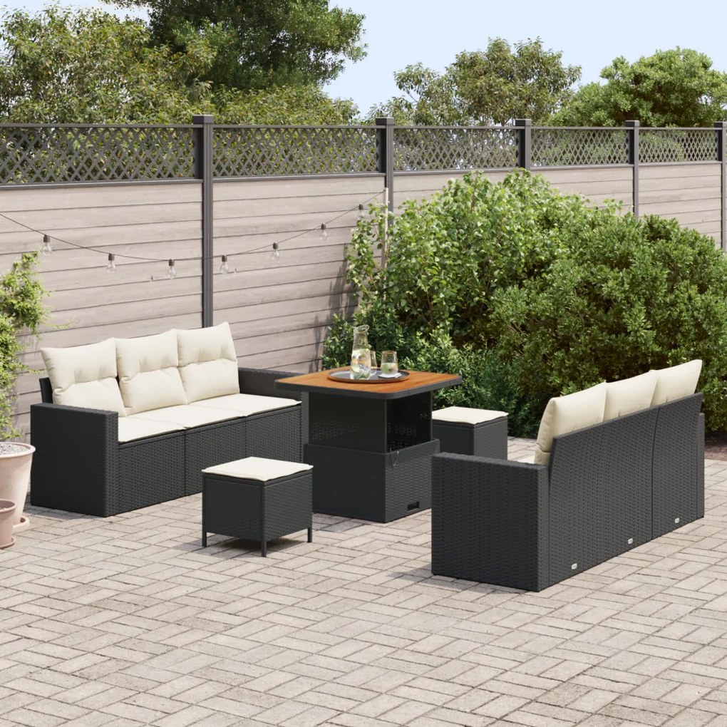 9 darabos kert sofa készlet párnákkal fekete poly rattan akácia, 3 darabos kert étkező készlet párnákkal fekete poly rattan akácia