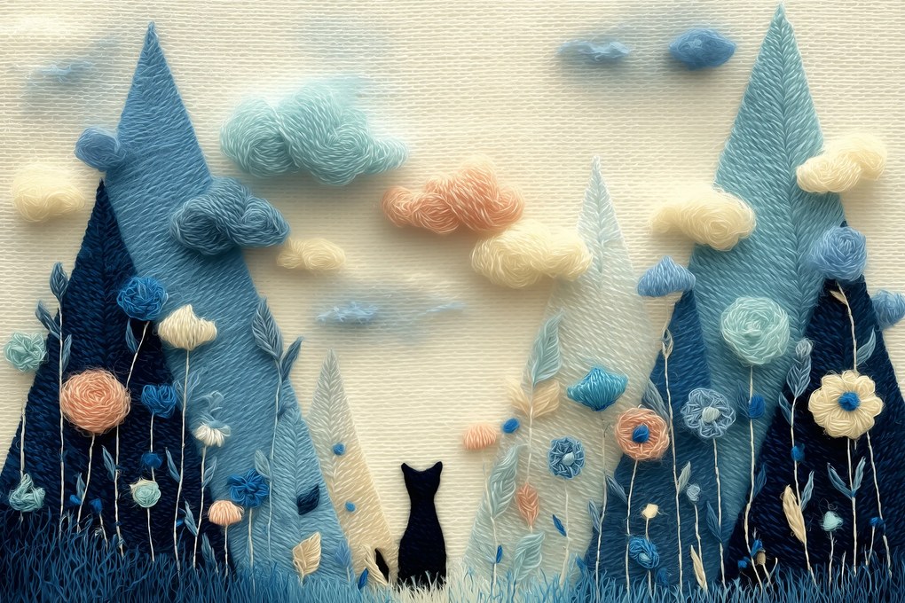 Fotótapéta Flizelina Gyerekek Hímzés Fonal Fák Fekete Macska 368x254 ragasztó