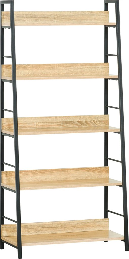 HOMCOM 5-Szintes Könyvespolc Nappali Sarokpolc Fém Állvánnyal 25 kg Teherbírás Az Irodához Tanulmányhoz 70x35x149,5 cm Természetes | Aosom