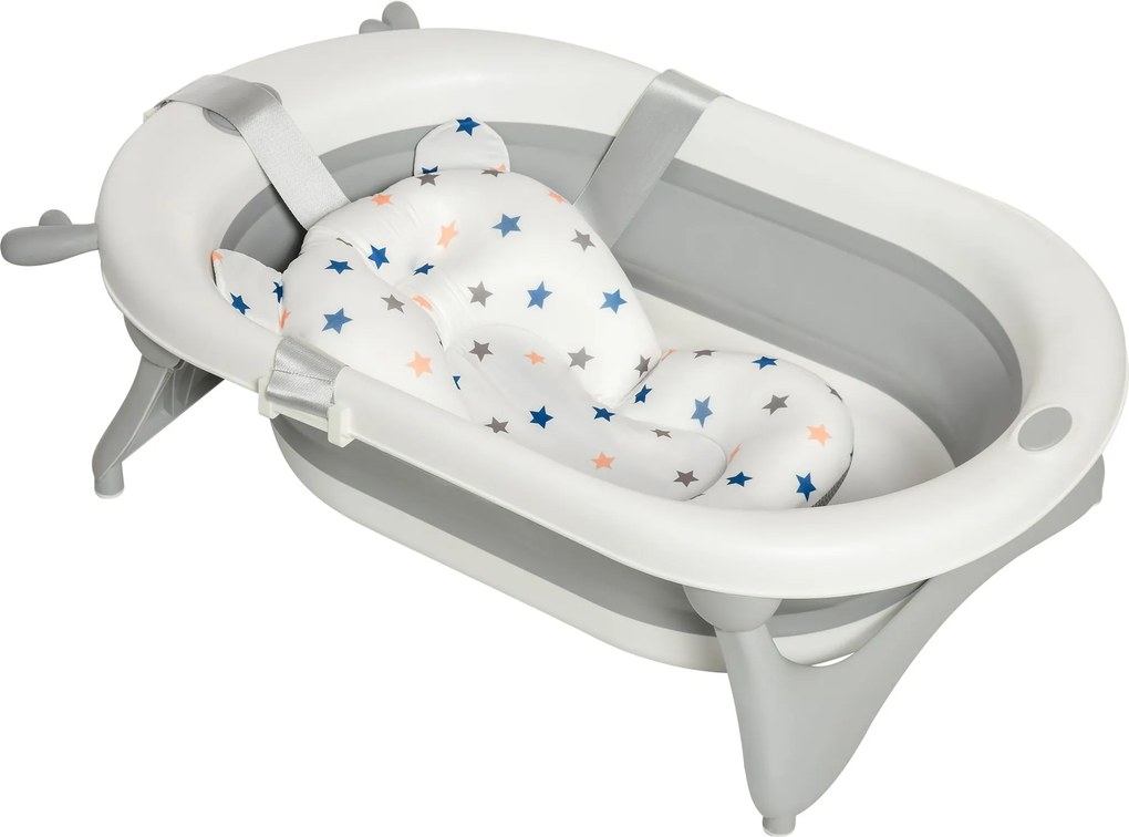 HOMCOM Összecsukható Baba Fürdőkáda 0-3 Éveseknek 81.5x50.5x23.5 cm Thermoszenzitív Dugóval, Párnával és Csúszásgátló Párnákkal Szürke | Aosom