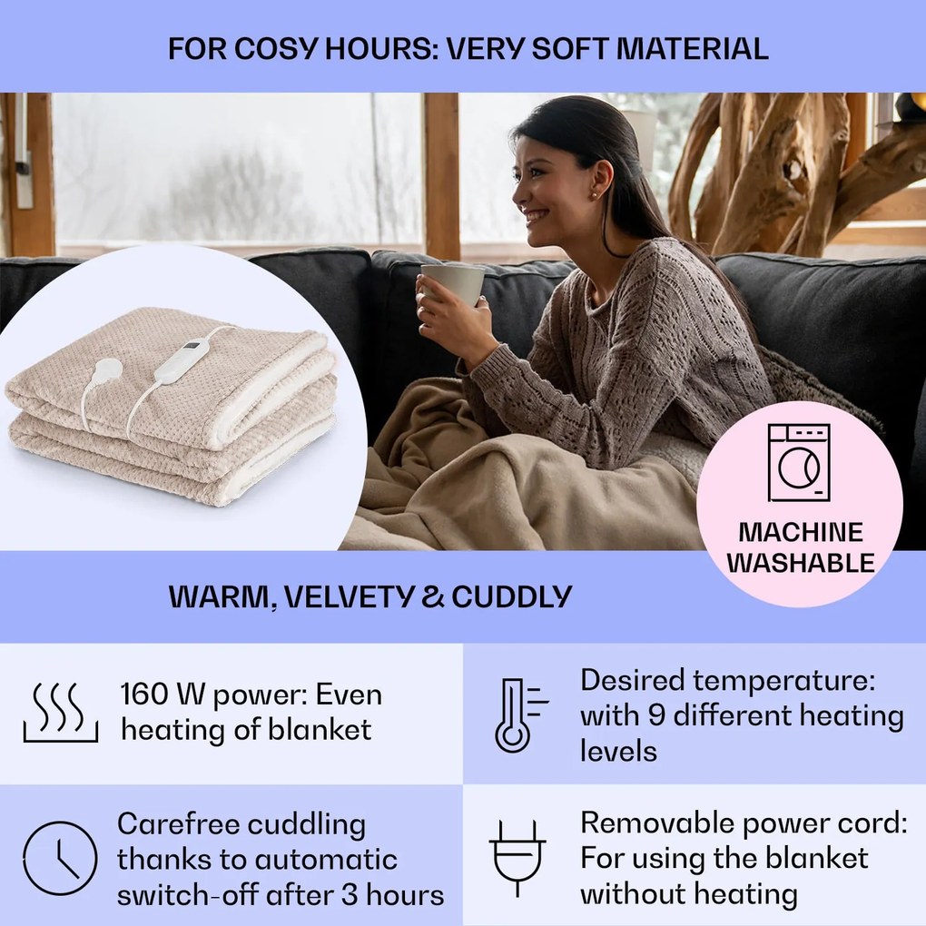 Klarstein DR Watson Deluxe XXL, elektromos takaró, 160 W, 9 fűtési fokozat, 200 x 180 cm