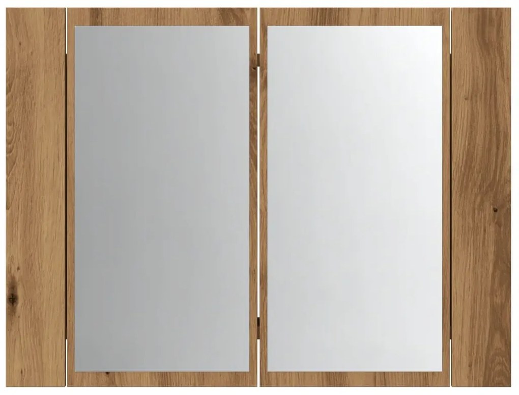kézműves tölgyszínű szerelt fa tükörszekrény LED-del 60x12x45cm