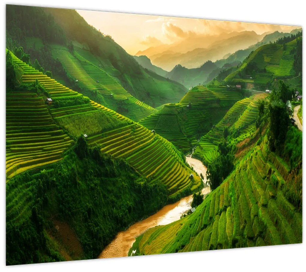 Üveg kép - Mu Cang Chai rizsteraszok (70x50 cm)