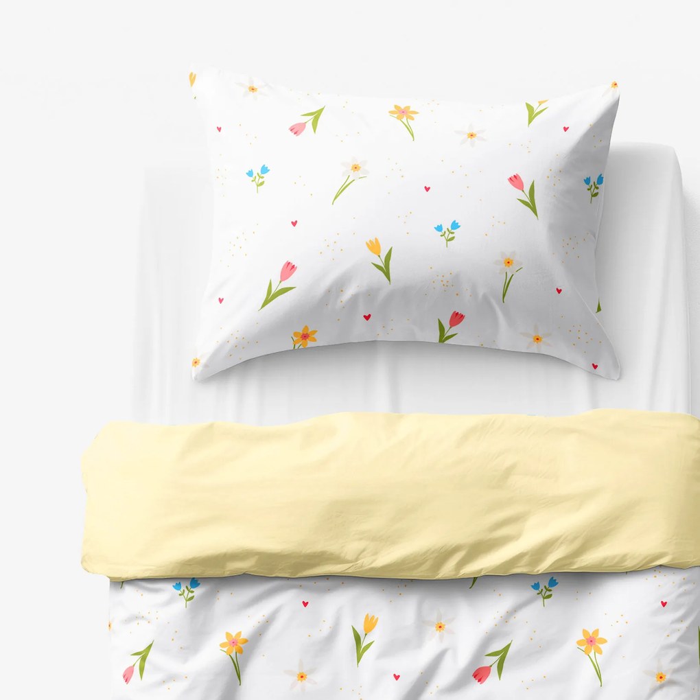 Goldea gyermek pamut ágyneműhuzat duo - virágos kert, banán színű hátoldal 140 x 200 és 70 x 90 cm