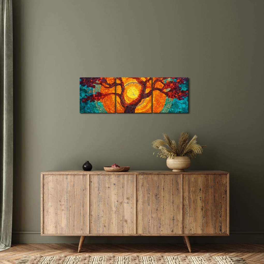 Kép - Az élet fája és a nap mozaikban (órával) (90x30 cm)