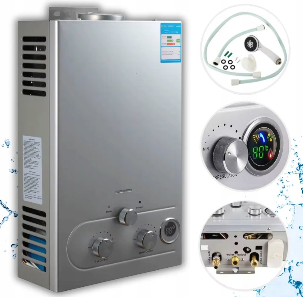 Gáz PB-gáz vízmelegítő átfolyós palackkal, zuhanyzóval 12L 24KW