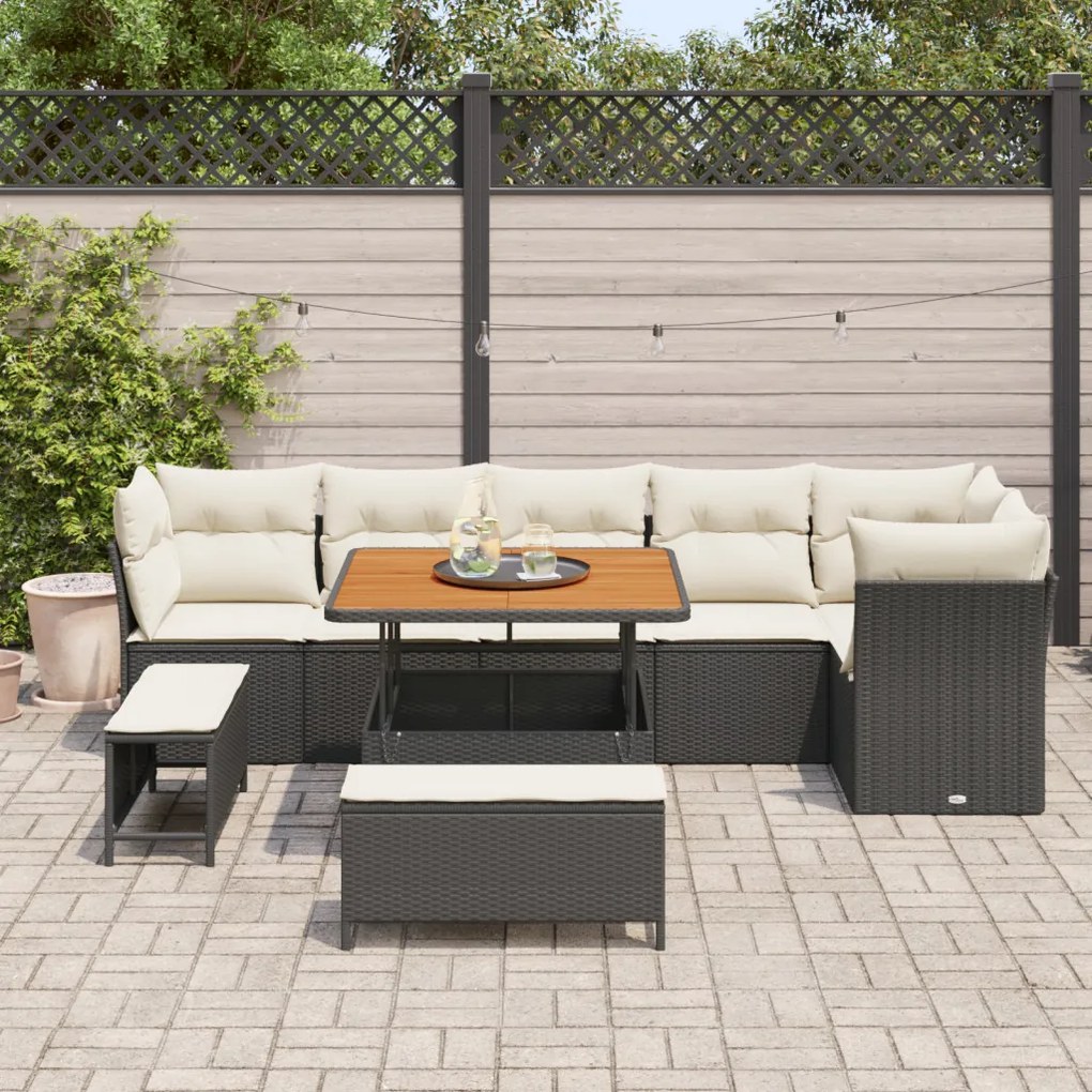 9 darabos kerti sofa szett párnákkal fekete poli rattan akáccal