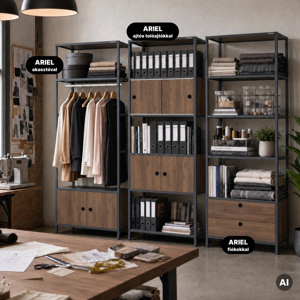 Iratrendező polc zárható szekrénnyel, irodai, nyitott polcok, fém antracit/dió, 800x2200x400 mm: ARIEL Eco Design