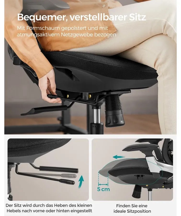SONGMICS Ergonomikus szék, állítható, dönthető irodai szék, fekete
