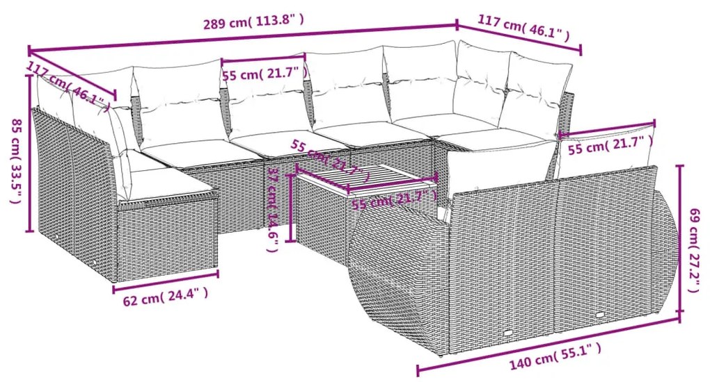 10 részes bézs polyrattan kerti ülőgarnitúra párnával