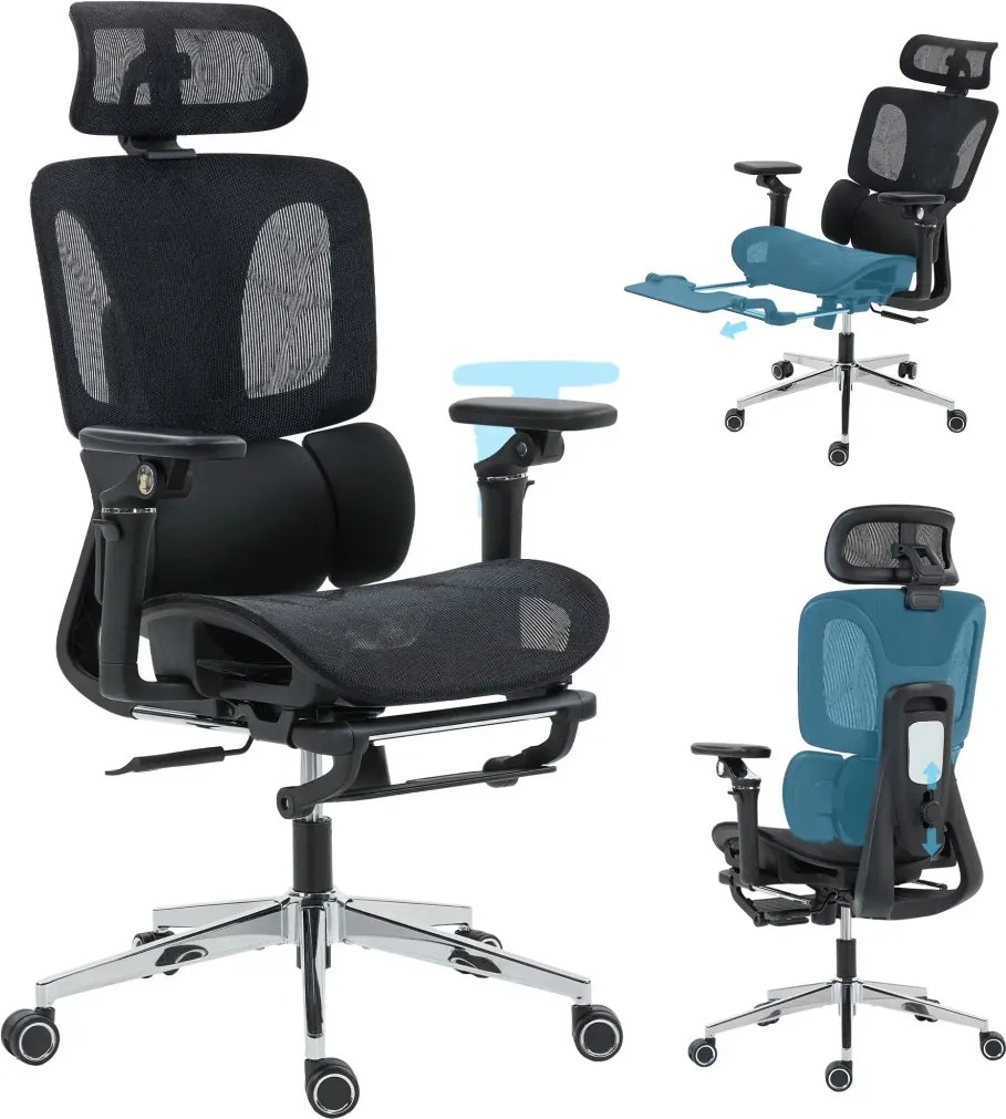 HOMCOM Prémium ergonomikus irodai szék, állítható derék- és fejtámlával, 6D karfákkal, lábtartóval, hálós, fekete
