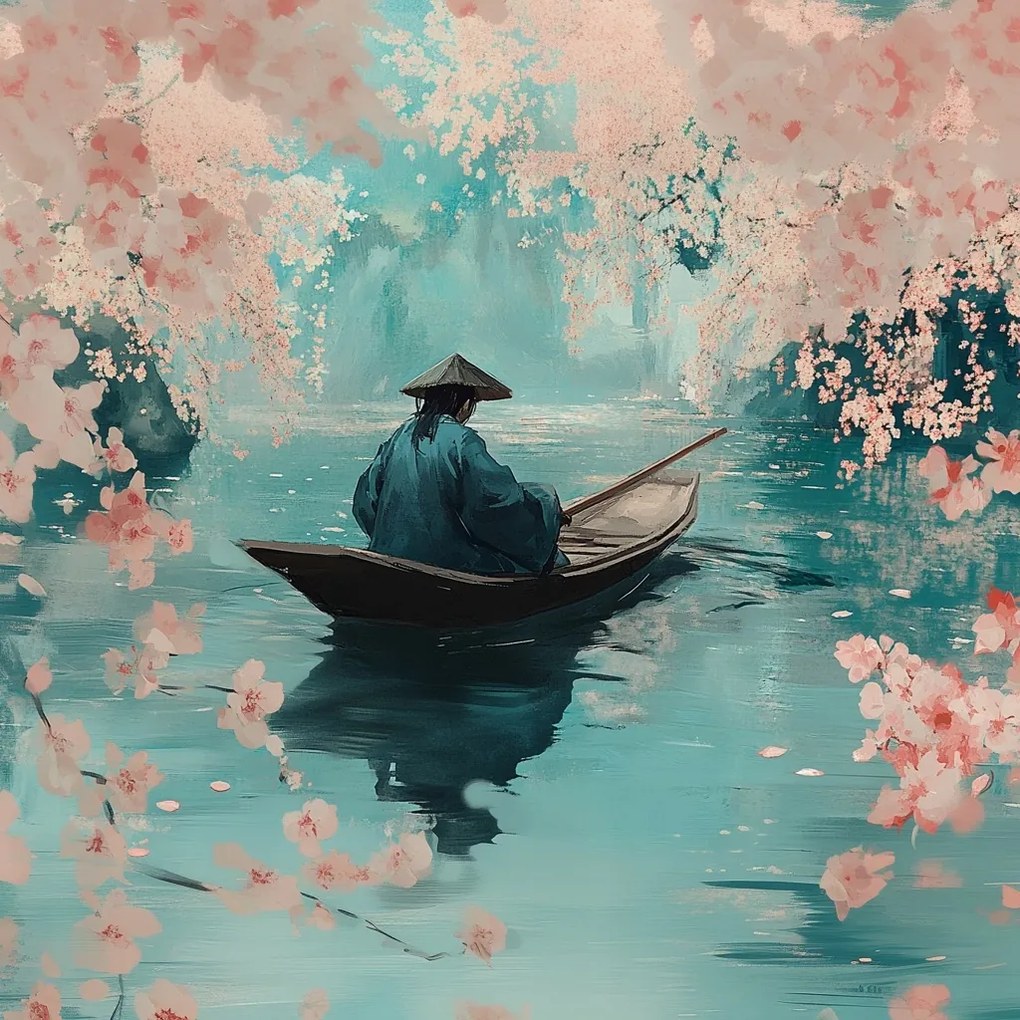 Vászonkép Canvas Ázsia Japán Cseresznye Virágok Csónak Víz Tükröződés 40x40