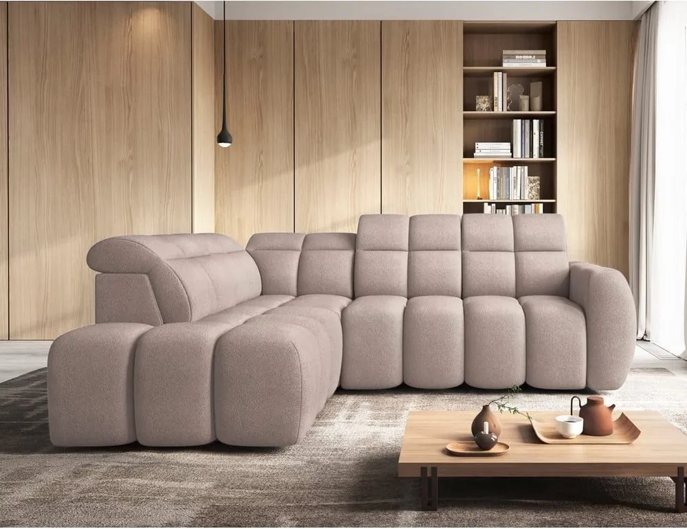 Világosbarna buklé kinyitható-tárolóhelyes sarokkanapé (bal oldali-L alakú) Falconn – ELTAP