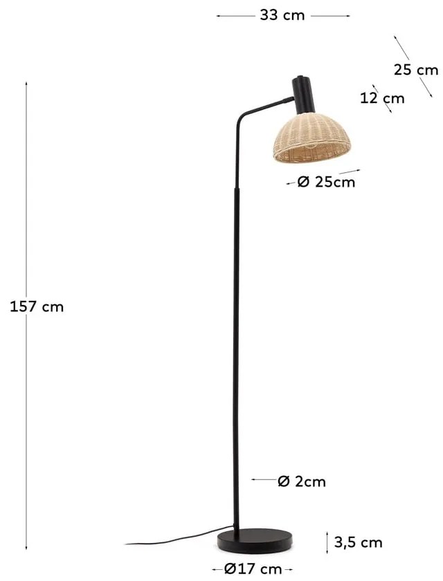 Fekete-natúr színű állólámpa rattan búrával (magasság 157 cm) Damila – Kave Home
