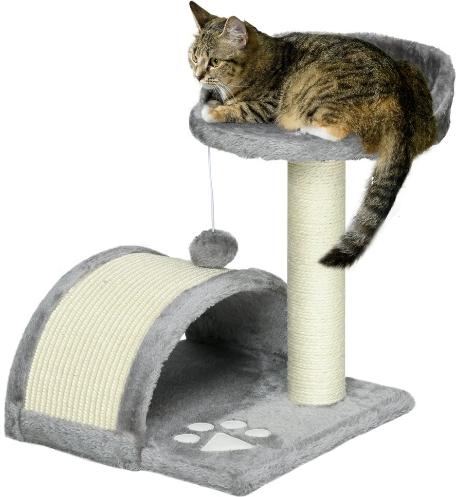 PawHut Kicsi Macskakaromfa 46 cm Magasságú, 2-Szintű Macska Fa Kaparó Poszttal, Platformokkal és Lógó Labda Játékkal 35.5x37x46 cm Szürke | Aosom