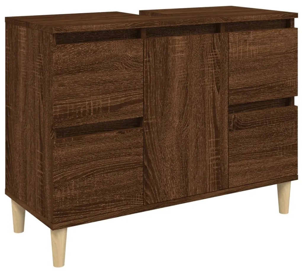 3 részes barna tölgy színű szerelt fa fürdőszobai bútorszett