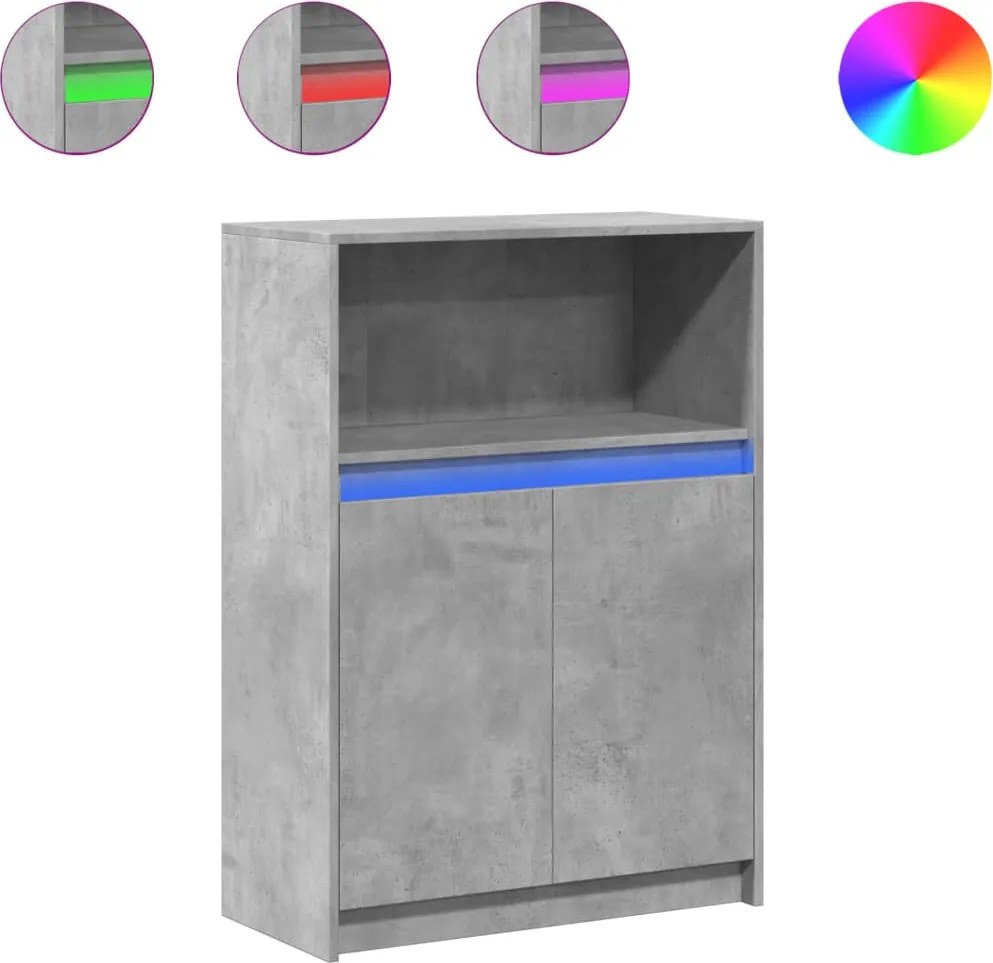 vidaXL betonszürke szerelt fa tálalószekrény LED-del 72x34x100 cm