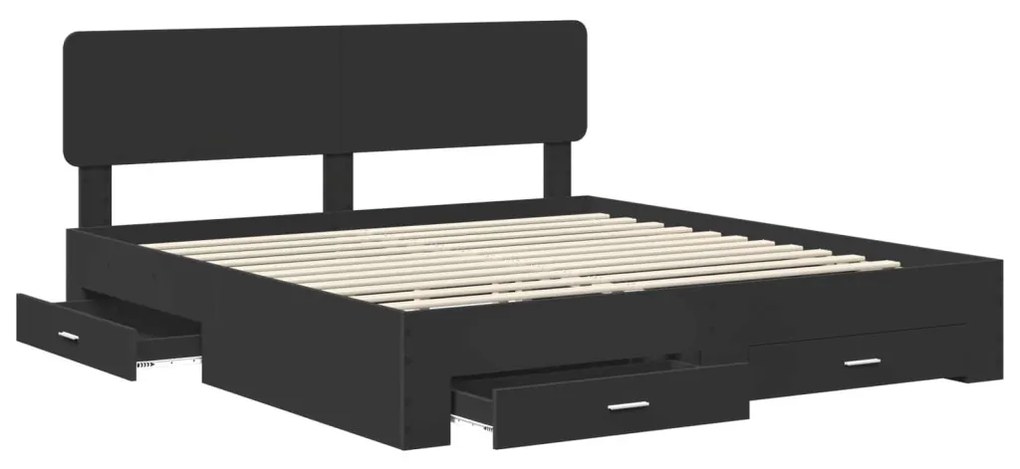 vidaXL Ágykeret fejtámlával fiókkal Fekete 200 x 200 cm Faanyag