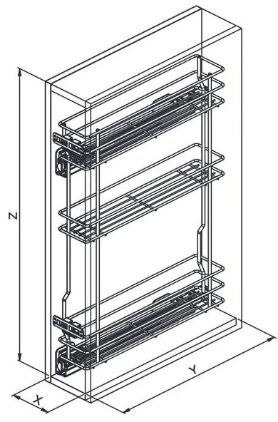 Konyhai fémrács, 200mm, bal oldalra szerelhető, ezüst szürke, teljes kihúzás, csillapított záródás, rejtett fióksín, 3 kosár SIGE, Green Line 002