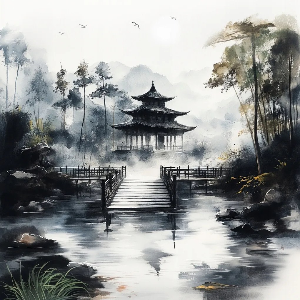 Vászonkép Canvas Japán Ázsia Templom Pagoda Kert Köd 40x40
